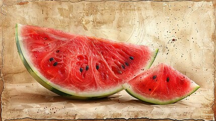 Wall Mural -   Watermelon slice on paper with adjacent watermelon slice