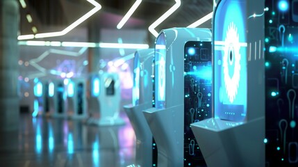 Leinwandbilder - Futuristic digital kiosks with glowing screens and abstract designs stand in a modern space, illuminated by blue and white light to create a dynamic atmosphere.