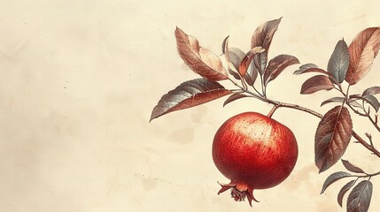 Wall Mural -  Pomegranate on tree branch with leaves & flower in foreground