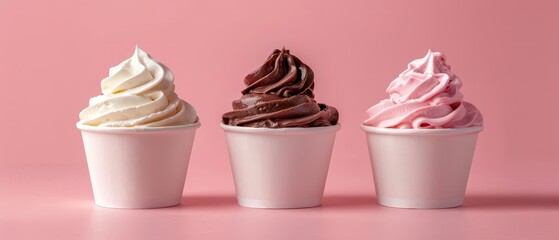 Sticker -  Three distinct types of ice cream in a pink cup against a harmonious pink backdrop