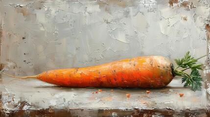 Wall Mural -   A carrot on white-brown canvas with green leaves protruding from its top