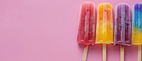 Sticker -  A row of rainbow-hued popsicles aligned atop a pink surface