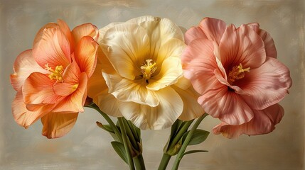 Wall Mural -   A trio of colorful blossoms in a translucent container atop a pristine surface, set against a warm-toned backdrop