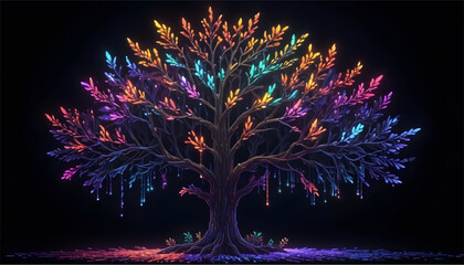 Vibrant Neon Tree on Black Background