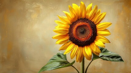 Wall Mural -  Brown center, yellow petals, green foliage on light brown background