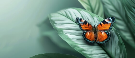 Sticker -  A tight shot of a butterfly perched on a green leaf against a backdrop of intermingled white and green leaves, with a light blue sky above