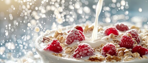 Wall Mural -  A bowl of oatmeal topped with fresh raspberries and milk poured from a bottle