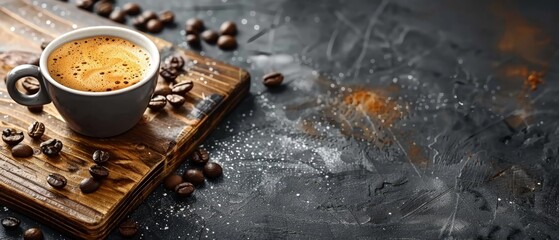 Poster -  A cup of coffee atop a wooden cutting board, surrounded by scattered coffee beans against a black background