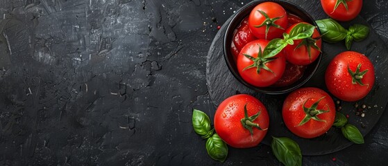 Wall Mural -  A bowl filled with ripe tomatoes on a black surface Basil leaves and sprigs adorn the rim