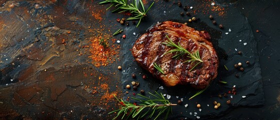 Canvas Print -  Steak with herbs and seasoning on a black slate platter, garnished with a sprig of rosemary