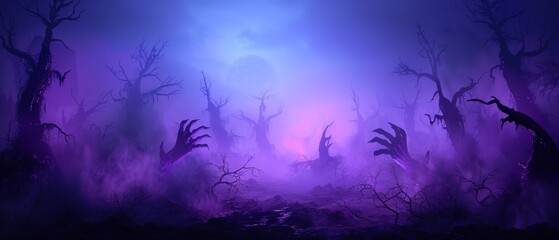 Poster - Dead trees in foreground, purple fog in background