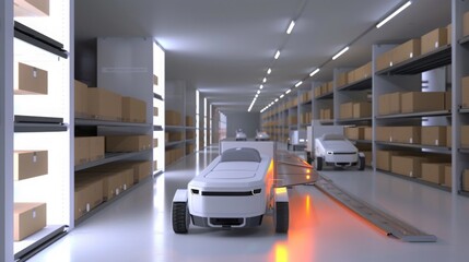 Aufkleber - Autonomous vehicles navigate a warehouse with shelves of boxes. The vehicles move efficiently and safely.