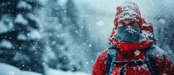 Poster -  A man in a red jacket and a snow-covered backpack stands before a wooded region, trees included