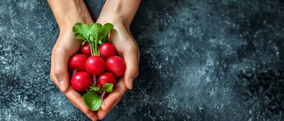 Wall Mural -  A person holding a bunch of radishes with green leaves atop