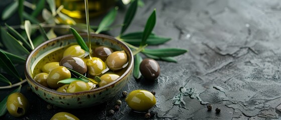 Wall Mural -  A bowl overflowing with olives rests on a table Nearby, olive leaves and a bottle of olive oil are placed in proximity