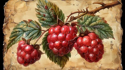 Wall Mural -  Raspberry cluster on foliage, parchment background