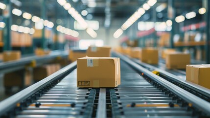 Aufkleber - A close-up shot of a single cardboard box moving along a conveyor belt in a warehouse setting. The box is in focus, while the background is blurred, suggesting a busy and efficient operation.