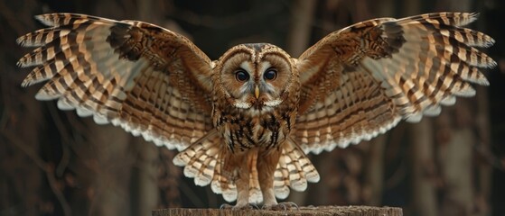 Wall Mural -  A tight shot of an owl perched on a post, wings splayed, eyes fully open