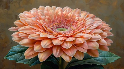 Wall Mural -   A pink flower close-up in a vase on a brown table with green leaves in the background