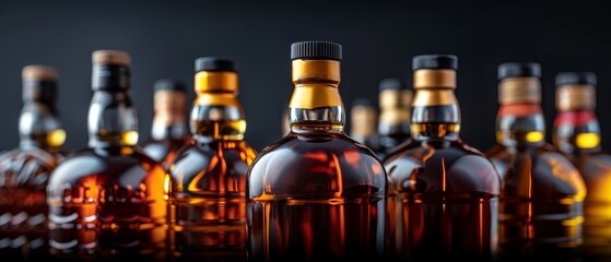 Canvas Print -  A row of various liquor bottles is aligned on a black surface against a dark backdrop