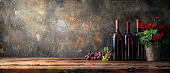 Poster -  A wooden table is set with bottles of wine, a vase filled with flowers, and a red rose bouquet nearby