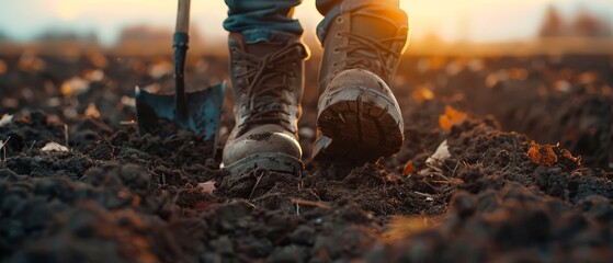 Wall Mural -  A person, in the midst of a field, holds a shovel Nearby, a pair of boots are placed atop it