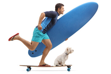 Poster - Full length profile shot of a man with a surfboard riding a longboard with a dog