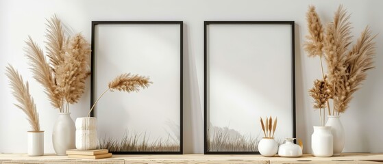 Poster -  Two vases atop a wooden table, nearby are images on the wall