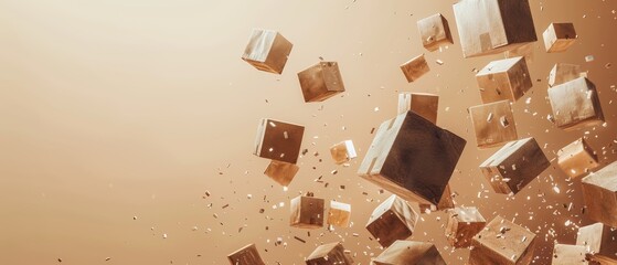 Poster -  A collection of cubes suspended in mid-air against a brown backdrop, dripping with water droplets