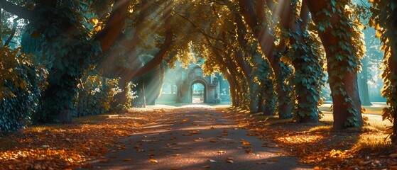 Wall Mural -  The sun illuminates the tree-lined path leading to a park's entrance on a sunny day