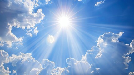 Poster - Bright sun rays casting light on a partly cloudy sky, cheerful atmosphere