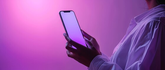 Wall Mural -  A woman, clad in a white shirt, gazes intently at her cell phone's screen