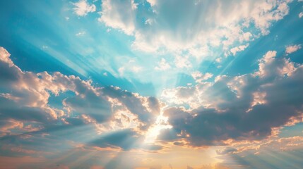 Poster - Bright sun rays casting light on a partly cloudy sky, cheerful atmosphere