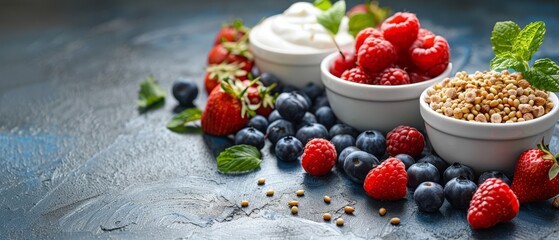 Wall Mural -  Raspberries, blueberries, and yogurt are arranged in small bowls on a blue surface