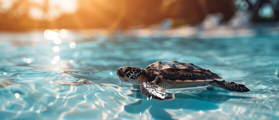 Wall Mural -  A tight shot of a turtle in a water-filled pool Sunlight filters through the trees behind, casting dappled patterns on the surface