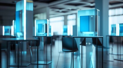 Poster - A modern office interior with several blue illuminated displays on glass tables. The room is brightly lit and has a clean, minimalist aesthetic.
