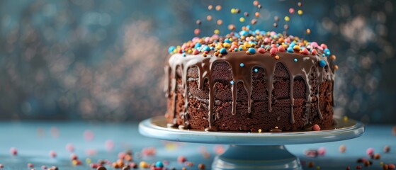 Wall Mural -  A chocolate cake, topped with chocolate frosting and sprinkles, sits on a blue cake stand placed on a blue table