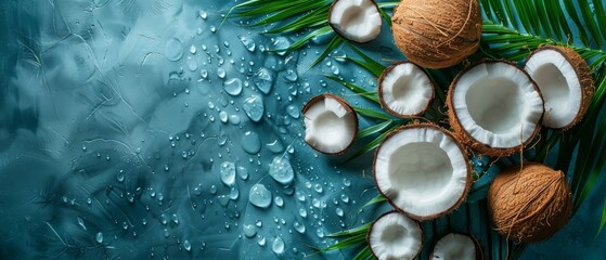 Wall Mural -  A collection of coconuts atop a table, surrounded by a palm leaf and water droplets against a blue backdrop