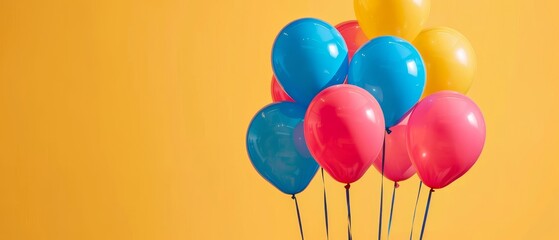 Wall Mural -  A group of balloons ascending against a yellow backdrop, with a blue-and-pink balloon protruding from the cluster