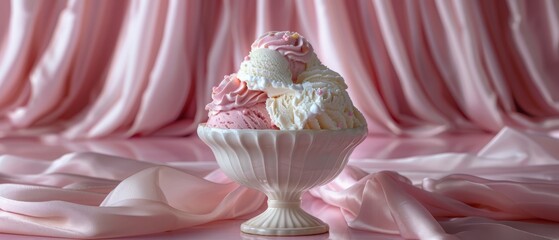 Wall Mural -  A close-up of a cupcake in a vase on a table Pink curtains hang in the background
