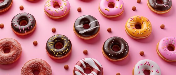 Wall Mural -  A collection of doughnuts atop a pink sprinkled surface
