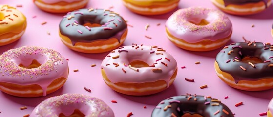 Wall Mural -  A dozen doughnuts resting on a pink surface, generously sprinkled