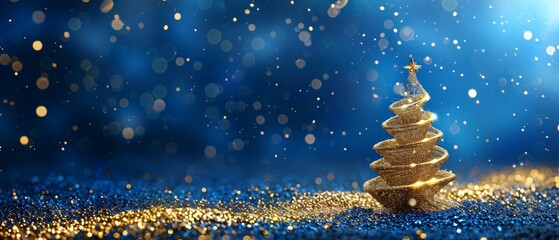 Sticker -  A gold Christmas tree sits atop a blue, glittery ground The tree is crowned with a star