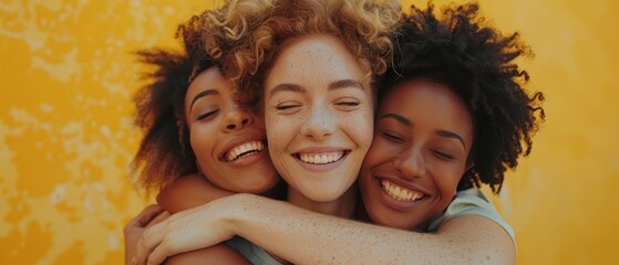 Wall Mural -  Three women, smiling, embrace with interlocked arms, gazing directly at the camera