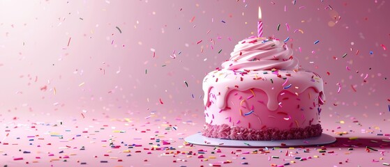 Wall Mural -  A pink frosted birthday cake, topped with sprinkles and a solitary candle