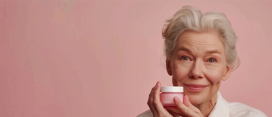 Canvas Print -  A woman joyfully smiles at the camera while holding a jar of cream in her hand