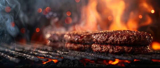 Canvas Print -  Two hamburger patties sizzle on a grill against a blurred backdrop of smoky flames