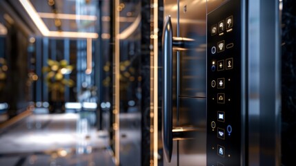 Aufkleber - A close-up of a sleek, black elevator control panel with illuminated buttons in a modern apartment building. The panel features a minimalist design with a brushed metal finish.