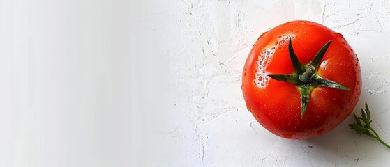Wall Mural -  A tight shot of a red, ripe tomato against a pristine white backdrop, its green stem protruding from the top