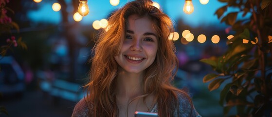 Wall Mural -  A woman joyfully smiles while holding a cell phone under a row of dangling lightbulbs